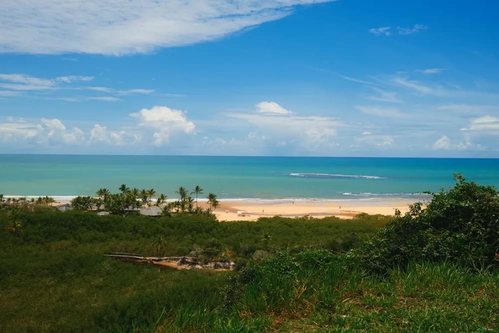 Vista de uma praia e do mar a partir de uma colina no litoral da Bahia